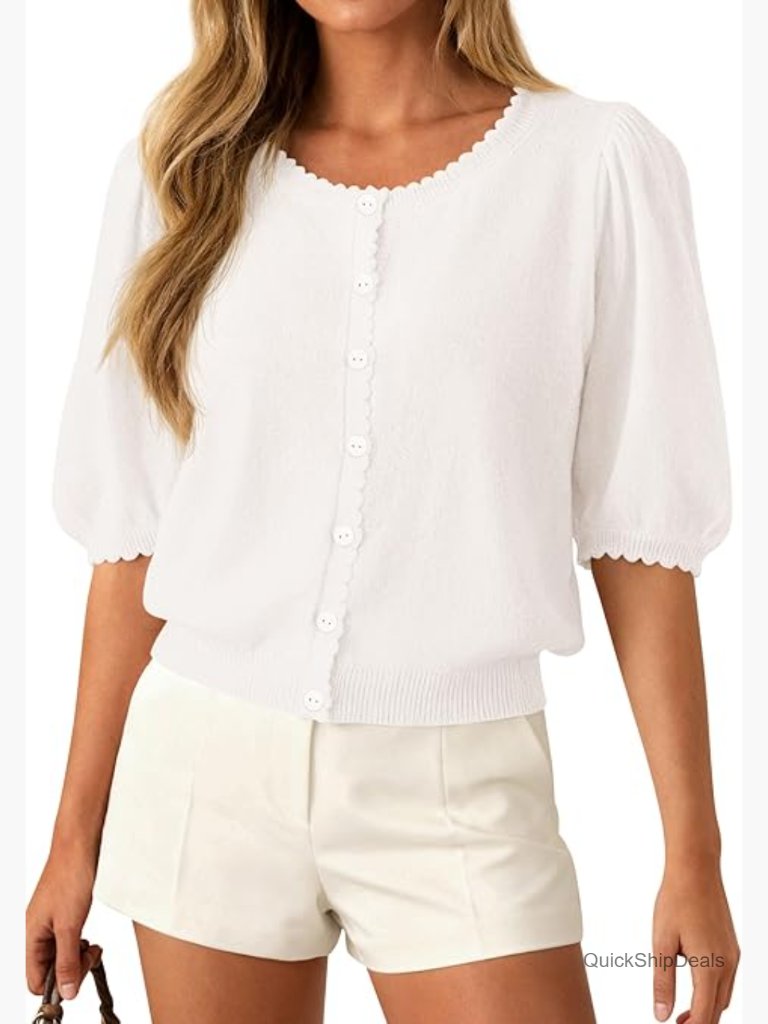 Puff Short Sleeve Cardigan Button Up Knit Sweater Top